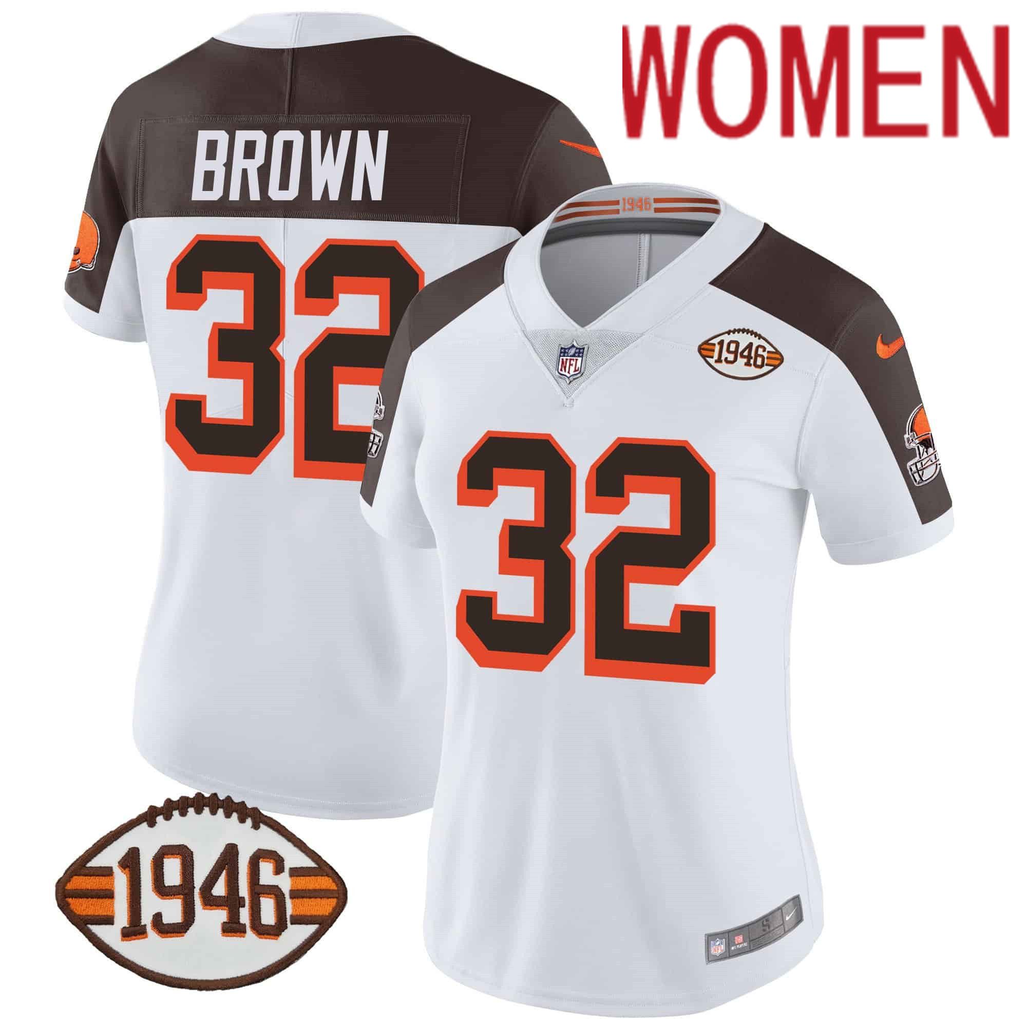 Women Cleveland Browns 32 Brown White 1946 75th Anniversary Patch 2024 Nike NFL Jersey style 1